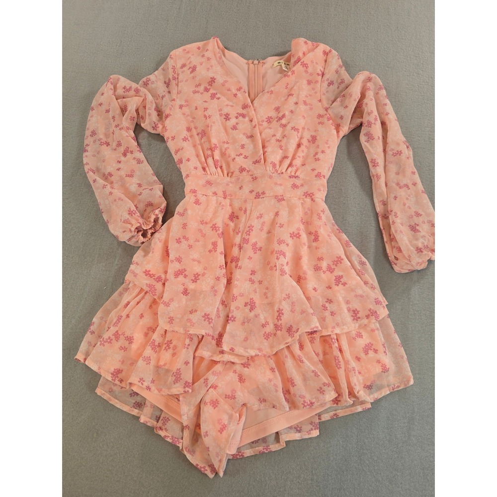 Mi Ami Floral Romper Womens XS Pink Alma Long Sleeve Tiered Ruffle V-Neck Tie